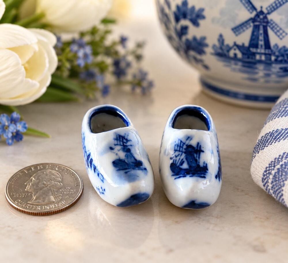 Vintage Miniature Delft Blue Ceramic Clogs, Windmill Holland Decor (Pair)